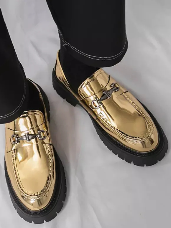 Gold Men's Loafers Round Toe Metal Detail Slip On Dress Shoes