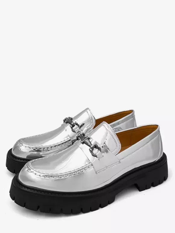 Gold Men's Loafers Round Toe Metal Detail Slip On Dress Shoes