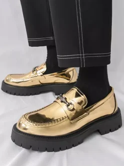 Gold Men's Loafers Round Toe Metal Detail Slip On Dress Shoes