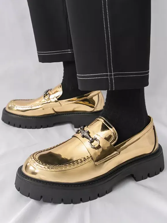 Gold Men's Loafers Round Toe Metal Detail Slip On Dress Shoes