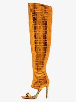 Gold Over The Knee Boots Open Toe Metallic Stone Pattern Thigh High Stietto Heel Sexy Boots