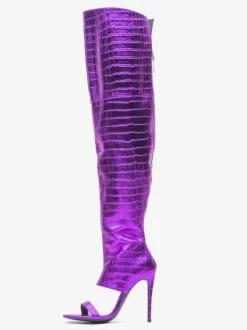 Gold Over The Knee Boots Open Toe Metallic Stone Pattern Thigh High Stietto Heel Sexy Boots