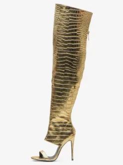 Gold Over The Knee Boots Open Toe Metallic Stone Pattern Thigh High Stietto Heel Sexy Boots
