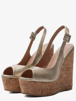 Gold Wedge Shoes Peep Toe Platform Slingback Pumps For Women