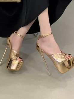 Gold Women's Sexy Sandals Platform Open Toe Ankle Strap Sandal Shoes