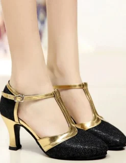 Gold Ballroom Shoes Glitter Round Toe T Type Vintage Shoes Salsa Dance Shoes