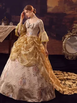 Golden Retro Costumes Polyester Dress Marie Antoinette Costume Women's Euro-Style Vintage Clothing