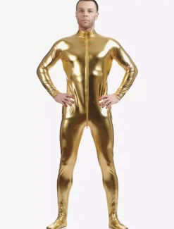 Golden Adults Bodysuit Cosplay Jumpsuit Shiny Metallic Catsuit for Men