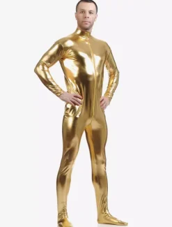 Golden Adults Bodysuit Cosplay Jumpsuit Shiny Metallic Catsuit for Men