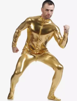 Golden Adults Bodysuit Cosplay Jumpsuit Shiny Metallic Catsuit for Men