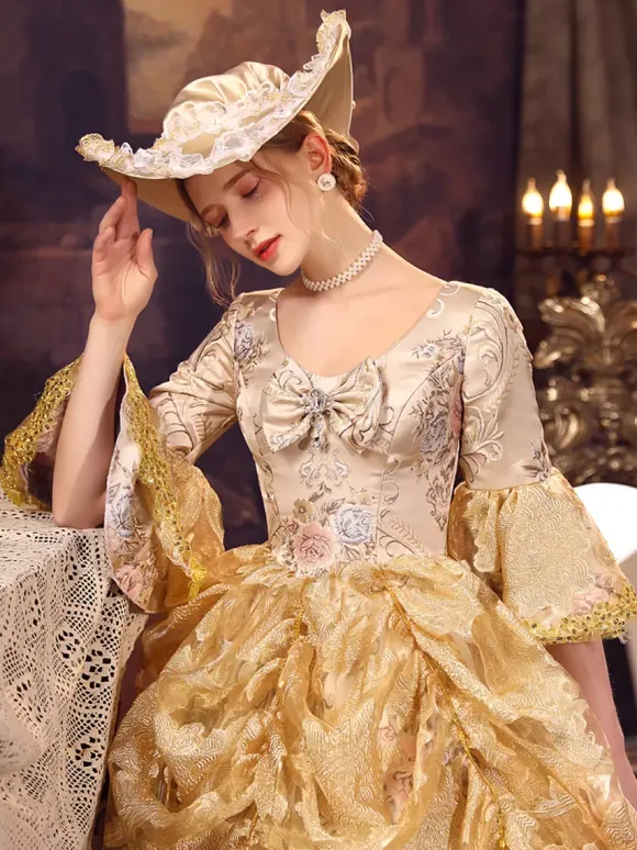 Golden Retro Tudor Dress Costumes Ruffles Marie Antoinette Costume Polyester Dress Women's Royal Party Prom Dress