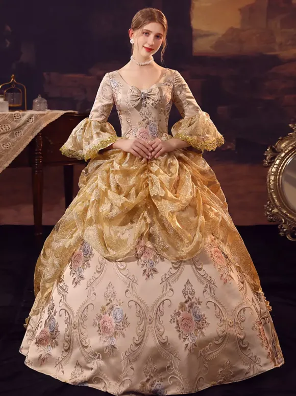 Golden Retro Tudor Dress Costumes Ruffles Marie Antoinette Costume Polyester Dress Women's Royal Party Prom Dress