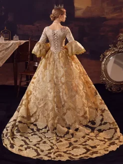Golden Retro Tudor Dress Costumes Ruffles Marie Antoinette Costume Polyester Dress Women's Royal Party Prom Dress