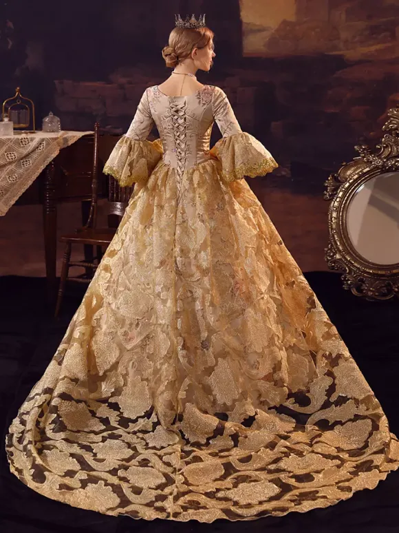 Golden Retro Tudor Dress Costumes Ruffles Marie Antoinette Costume Polyester Dress Women's Royal Party Prom Dress