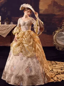 Golden Retro Tudor Dress Costumes Ruffles Marie Antoinette Costume Polyester Dress Women's Royal Party Prom Dress