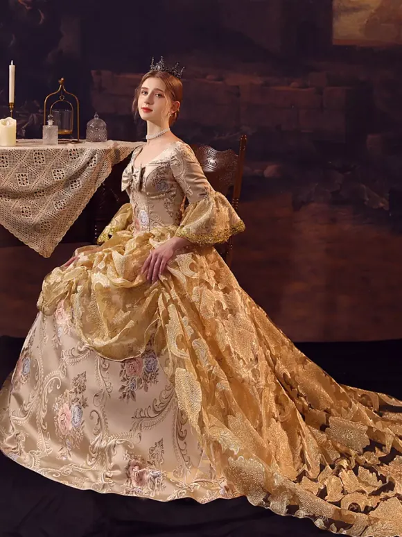 Golden Retro Tudor Dress Costumes Ruffles Marie Antoinette Costume Polyester Dress Women's Royal Party Prom Dress