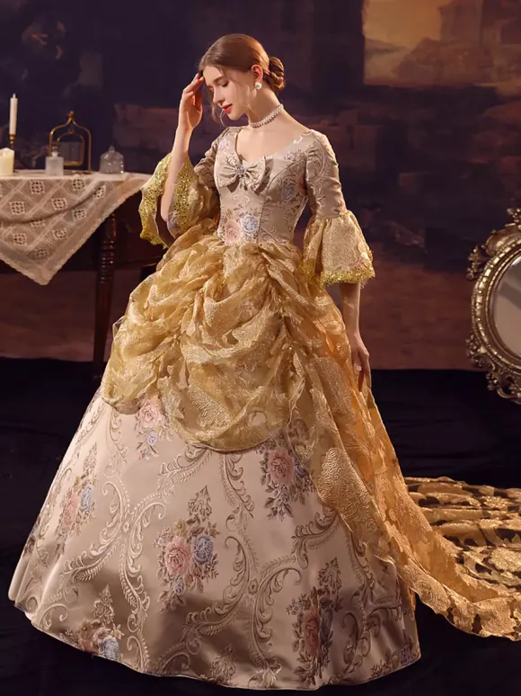 Golden Retro Tudor Dress Costumes Ruffles Marie Antoinette Costume Polyester Dress Women's Royal Party Prom Dress