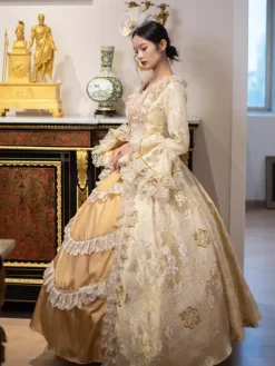 Golden Vintage Victorian Rococo Dress Lace Ruffle Trim Flared Long Sleeves Ball Gown Dress