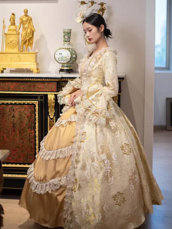 Golden Vintage Victorian Rococo Dress Lace Ruffle Trim Flared Long Sleeves Ball Gown Dress
