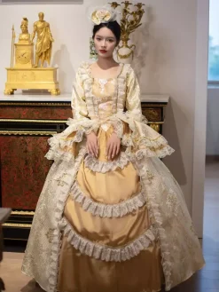 Golden Vintage Victorian Rococo Dress Lace Ruffle Trim Flared Long Sleeves Ball Gown Dress