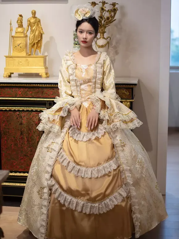 Golden Vintage Victorian Rococo Dress Lace Ruffle Trim Flared Long Sleeves Ball Gown Dress