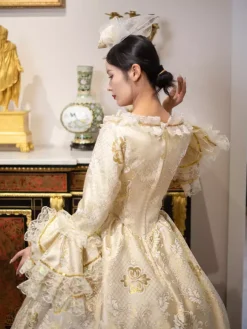 Golden Vintage Victorian Rococo Dress Lace Ruffle Trim Flared Long Sleeves Ball Gown Dress