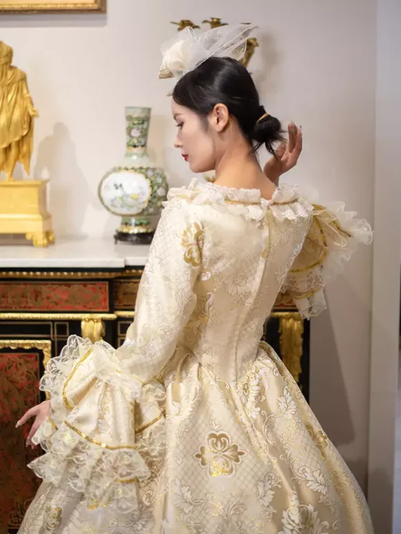 Golden Vintage Victorian Rococo Dress Lace Ruffle Trim Flared Long Sleeves Ball Gown Dress