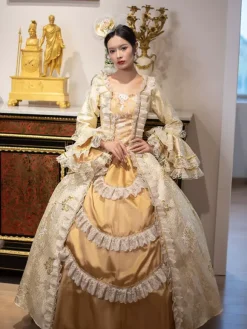 Golden Vintage Victorian Rococo Dress Lace Ruffle Trim Flared Long Sleeves Ball Gown Dress