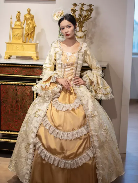 Golden Vintage Victorian Rococo Dress Lace Ruffle Trim Flared Long Sleeves Ball Gown Dress