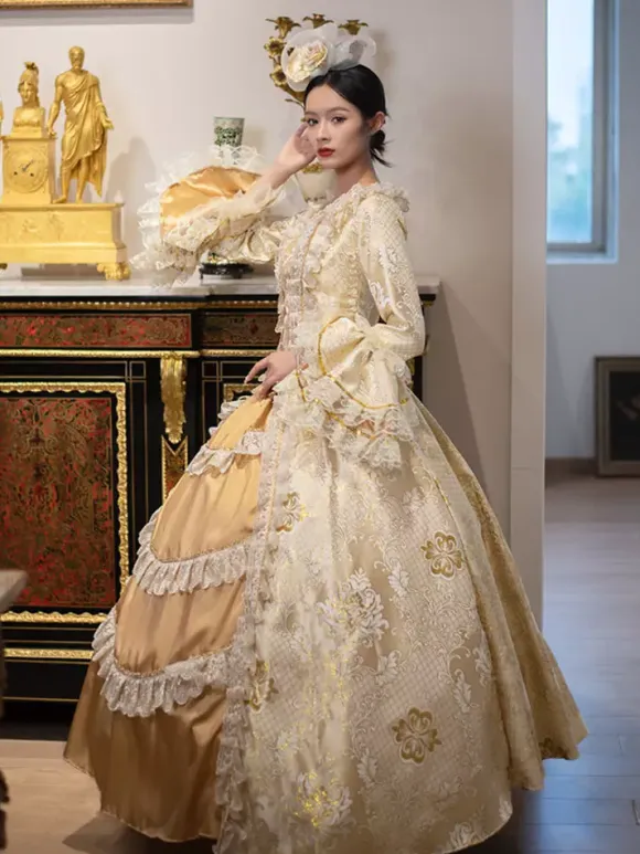 Golden Vintage Victorian Rococo Dress Lace Ruffle Trim Flared Long Sleeves Ball Gown Dress
