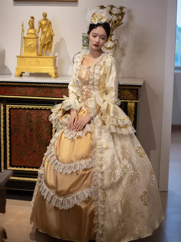 Golden Vintage Victorian Rococo Dress Lace Ruffle Trim Flared Long Sleeves Ball Gown Dress