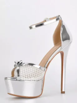 Gold High Heel Sandals Platform Peep Toe Mesh Bow Ankle Strap Party Shoes