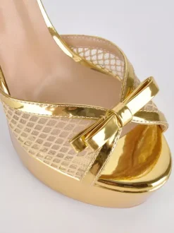 Gold High Heel Sandals Platform Peep Toe Mesh Bow Ankle Strap Party Shoes