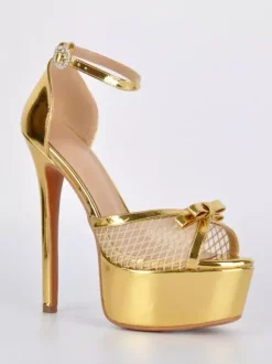 Gold High Heel Sandals Platform Peep Toe Mesh Bow Ankle Strap Party Shoes