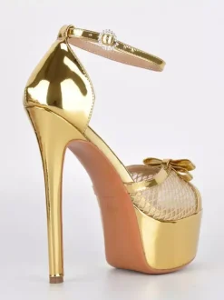 Gold High Heel Sandals Platform Peep Toe Mesh Bow Ankle Strap Party Shoes