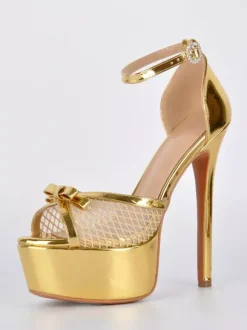 Gold High Heel Sandals Platform Peep Toe Mesh Bow Ankle Strap Party Shoes