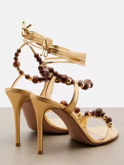Gold High Heel Sandals Women Open Toe Beaded Lace Up Sandal Shoes