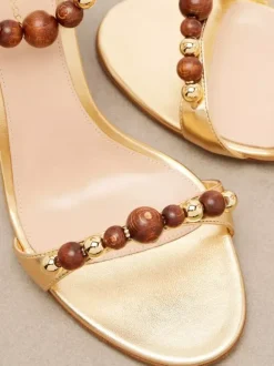 Gold High Heel Sandals Women Open Toe Beaded Lace Up Sandal Shoes