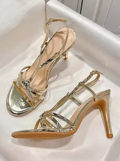 Gold High Heel Sandals Women's Open Toe Strappy Party Shoes