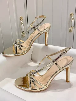 Gold High Heel Sandals Women's Open Toe Strappy Party Shoes
