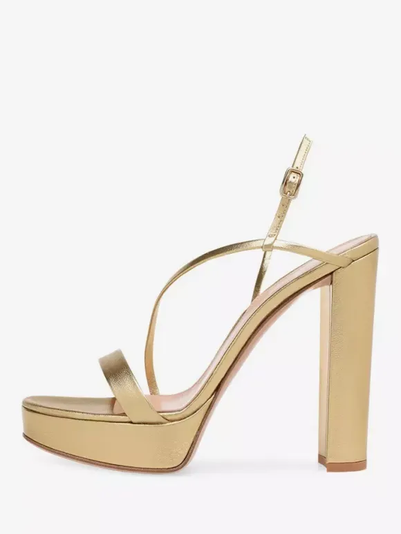 Gold High Heels Platform Open Toe Chunky Heel Strappy Party Shoes