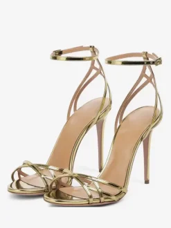 Gold Party Shoes Metallic Open Toe Criss Cross Ankle Strap High Heel Sandals