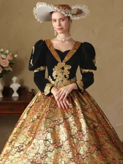 Gold Retro Costumes Polyester Jacquard Dress Women's Renaissance Marie Antoinette Costume 18th Century Costume