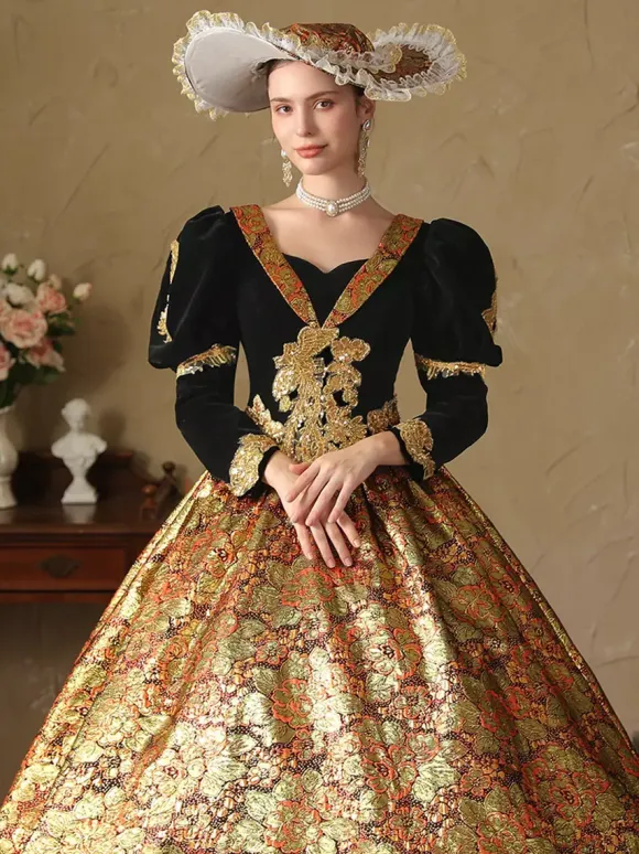 Gold Retro Costumes Polyester Jacquard Dress Women's Renaissance Marie Antoinette Costume 18th Century Costume