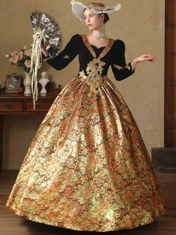 Gold Retro Costumes Polyester Jacquard Dress Women's Renaissance Marie Antoinette Costume 18th Century Costume