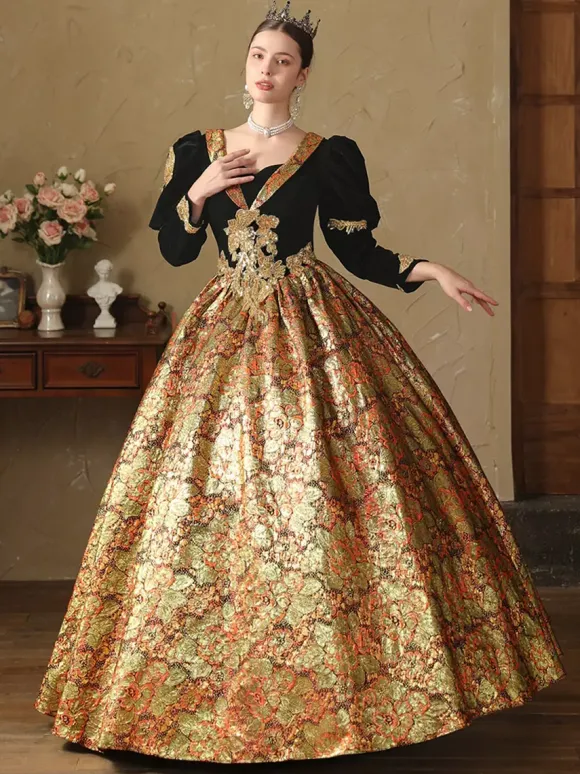Gold Retro Costumes Polyester Jacquard Dress Women's Renaissance Marie Antoinette Costume 18th Century Costume