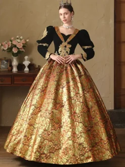 Gold Retro Costumes Polyester Jacquard Dress Women's Renaissance Marie Antoinette Costume 18th Century Costume