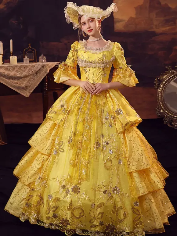 Gold Retro Tudor Dress Costumes Polyester Dress Marie Antoinette Costume Women's Gothic Masquerade Ball Gown