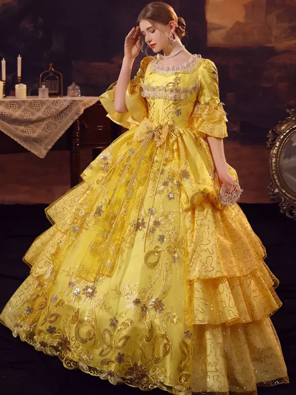 Gold Retro Tudor Dress Costumes Polyester Dress Marie Antoinette Costume Women's Gothic Masquerade Ball Gown