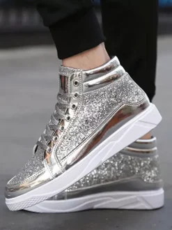 Gold Skate Sneakers Glitter Round Toe High Top Sneakers For Men